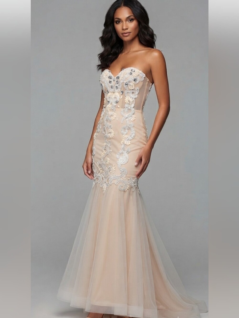 NWT Jovani Strapless Nude Mermaid Gown with Beaded Corset  Appliqué 2